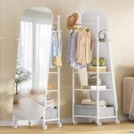 Miroir sur pied miroir avec porte - manteau 50 x1658 cm roues pivotantes � 360� avec bo�te de rangement ...