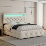 Modernluxe lit adulte rembourr� 140x200cm avec led - avec un lit gigogne et 2 tiroirs - tissu en lin ...