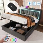 Modernluxe lit coffre rembourr� 160x200cm avec led et port de charge usb et type - c - tissu en lin - ...