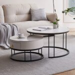 Modfu lot de 2 tables basses gigognes rondes en ardoise avec pieds noirs. blanc