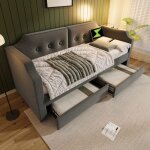 Modfu canap� - lit enfant 90 x 200 cm lit capitonn� avec lampe de lecture usb type - c et 2 tiroirs velours ...