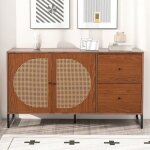 Modfu commode 2 tiroirs avec 2 portes en rotin meuble haut avec poignes en mtal 130x40x75 cm en panneaux ...