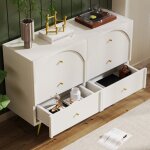 Modfu commode 6 tiroirs buffet blanc 120x40x85 cm en bois + m�tal blanc cr�me