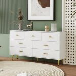 Modfu commode blanche 7 tiroirs buffet avec poign�es dor�es et pieds dor�s 140x35x76 cm en panneau de ...
