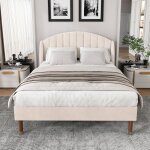Modfu lit capitonné lit adulte lit double 140 x 190 cm avec pieds en bois cadre en velours beige Modfu lit capitonné lit adulte lit double 140 x 190 cm avec pieds en bois cadre en velours beige