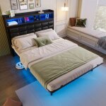 Modfu lit adulte lit double 140x200 cm vec 2 tables de chevet escamotables lampe led et fonction de chargement ...