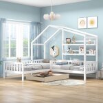 Modfu lit cabane enfant 90 x 200 cm et 140 x 70 cm en l avec tiroirs. tagres et clture. blanc