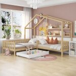 Modfu lit cabane enfant 90 x 200 cm et 140 x 70 cm en l avec tiroirs tagres et clture. naturel