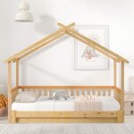 Modfu lit cabane enfant 90 x 200 cm lit extensible avec grille et sommier � lattes. en bois. naturel
