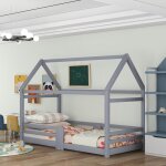 Modfu lit cabane enfant 90 x 200 cm avec tablette sommier � lattes gris sans matelas