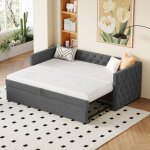 Modfu lit capitonn� 90 x 200 cm canap� - lit gigogne avec boutons tissu velours gris sans matelas