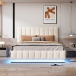 Modfu lit coffre 140 x 200 cm lit capitonn avec led sommier  lattes en similicuir blanc sans matelas ...