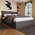 Modfu lit coffre lit adulte capitonn 140 x 200 cm lin gris sans matelas sans fond