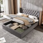 Modfu lit coffre capitonn 140x190 cm avec sommier  lattes et rangements velours gris sans matelas