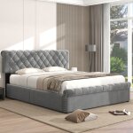 Modfu lit coffre 140 x 200 cm lit capitonné avec tête de lit réglable en hauteur en tissu velours. gris ... Modfu lit coffre 140 x 200 cm lit capitonné avec tête de lit réglable en hauteur en tissu velours. gris ...