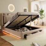Modfu lit coffre capitonn 160x200 cm avec tiroirs bandes led encastres des deux cts velours beige ...
