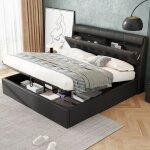 Modfu lit coffre capitonn� 180x200 cm avec sommier � lattes t�te de lit avec rangement dissimul� en pu ...