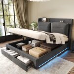Modfu lit coffre capitonn 180x200 cm avec tiroirs bandes led encastres des deux cts velours gris ...