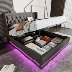 Modfu lit coffre capitonn� double 180 x 200 cm avec fonction de chargement usb type - c et led en coton ...