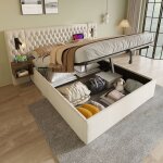 Modfu lit coffre double 160 x 200 cm avec 2 chevets liseuse tte de lit et recharge usb beige