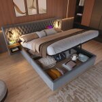Modfu lit coffre double 160 x 200 cm avec 2 chevets liseuse tte de lit et recharge usb gris