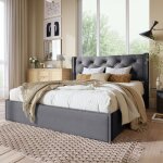 Modfu lit coffre 160 x 200 cm lit double lit adulte avec sommier à lattes métalliques en coton gris sans ... Modfu lit coffre 160 x 200 cm lit double lit adulte avec sommier à lattes métalliques en coton gris sans ...
