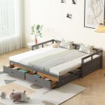Modfu lit gigogne 90 / 180 x 200 cm canap lit extensible avec tiroirs et sommier  lattes en pin gris ...