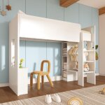 Modfu lit mezzanine enfant 90x200 cm avec rangements penderie tagres ouvertes et escalier panneau de ...