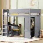 Modfu lit mezzanine enfant 90x200 cm avec bureau lit mezzanine avec armoire et tiroirs cadre de lit en ...