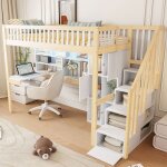 Modfu lit mezzanine enfant 90x200 cm avec rangement �clairage led et bureau pin et mdf blanc + naturel ...