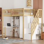 Modfu lit mezzanine enfant 90x200cm avec armoire table et �chelle de rangement bois blanc + couleur bois ...