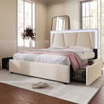 Modfu lit avec tiroirs lit adulte 160 x 200 cm avec �clairage led et 4 tiroirs. beige. sans matelas