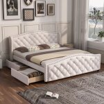 Modfu lit avec tiroirs lit capitonné 160 x 200 cm avec sommier à lattes 4 tiroirs et tête de lit avec ... Modfu lit avec tiroirs lit capitonné 160 x 200 cm avec sommier à lattes 4 tiroirs et tête de lit avec ...