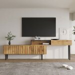 Modfu meuble tv bois naturel 129x30x58 cm avec motif marbre et veinage bois chants pvc pieds fer