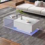 Modfu table basse blanche brillance avec led. plateau et tiroirs en verre. anti - rayures. 100 x 50 x ...