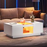 Modfu table basse blanche rectanculaire avec led et 2 tiroirs. panneaux en verre. 100 x 50 x 35. 5 cm ...