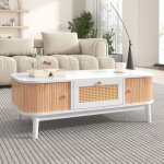 Modfu table basse bois et blanche avec tiroirs en rotin et portes coulissantes avec lattes en bois massif. ...