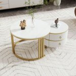 Modfu table basse gigogne ronde 2 en 1 avec plateau brillant et 1 plateau en marbre. en mdf. blanc et ...