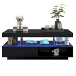 Modfu table basse noire brillance avec 4 plateaux en verre. 2 tiroirs et 2 compartiments ouverts Modfu table basse noire brillance avec 4 plateaux en verre. 2 tiroirs et 2 compartiments ouverts