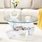 Modfu table basse ronde avec un pi�tement en bois en forme de croix 79x79x45 cm mdf et verre blanc