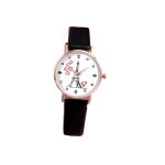 Montre - enfant - cuir - noir - cadran - acier - dor - rose - motif - coeur - 21 cm
