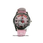 Montre - enfant - motif - hello kitty - cuir - rose - cadran acier - gris - quartz - chiffres arabes