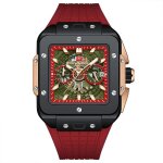 Montre homme cadran rectangulaire squelette chronographe affichage du calendrier rouge bracelet en silicone ...