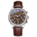 Montre - homme - quartz - bracelet - cuir - marron - cadran - rond - acier inoxydable