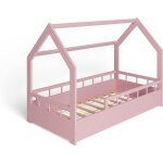Ms factory lit enfant b�b� maison 80x160 cm - lit en massif cabane - style scandinave - rose demi - barri�res ...