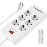 Multiprise 2500 w avec 6 prises 4 ports usb 2 ports type - c c�ble de 2 m disjoncteur de surcharge 10 ...