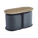 Nadia - ensemble table basse couleur bois avec 2 poufs encastrables en tissu gris foncé Nadia - ensemble table basse couleur bois avec 2 poufs encastrables en tissu gris foncé