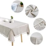 Nappe beige nappe rectangulaire pompon coton lin Nappe beige nappe rectangulaire pompon coton lin