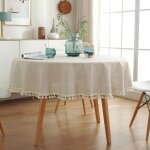 Nappe beige ronde 150 cm en lin et coton couverture de table anti - tache lavable avec glands pour anniversair ... Nappe beige ronde 150 cm en lin et coton couverture de table anti - tache lavable avec glands pour anniversair ...