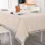 Nappe carr� beige anti tache nappe tassel lavable en coton et lin avec glands linge de table 140 x 140 ...